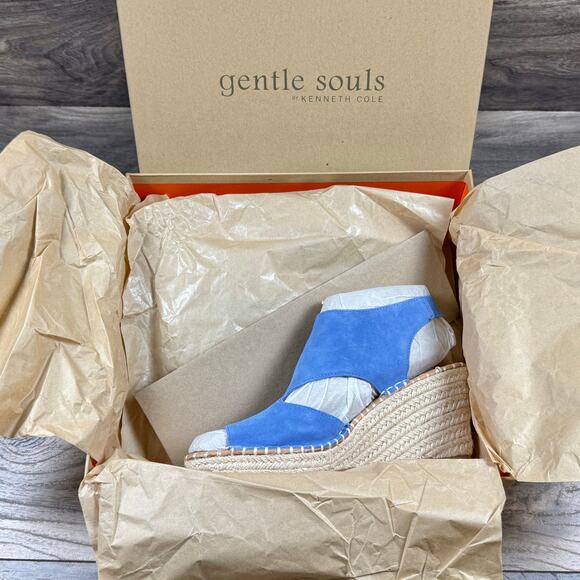 NIB Gentle Souls Cody 8M Blue Suede Slingback Open Toe Espadrille Wedge Sandals - Picture 9 of 10